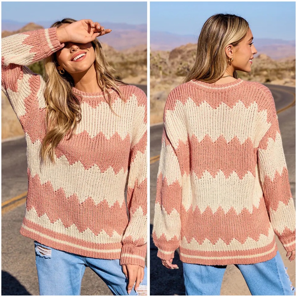 Cupshe Womens Peach Cream Chevron Zigzag Chunky Knit Oversized Sweater Large NEW